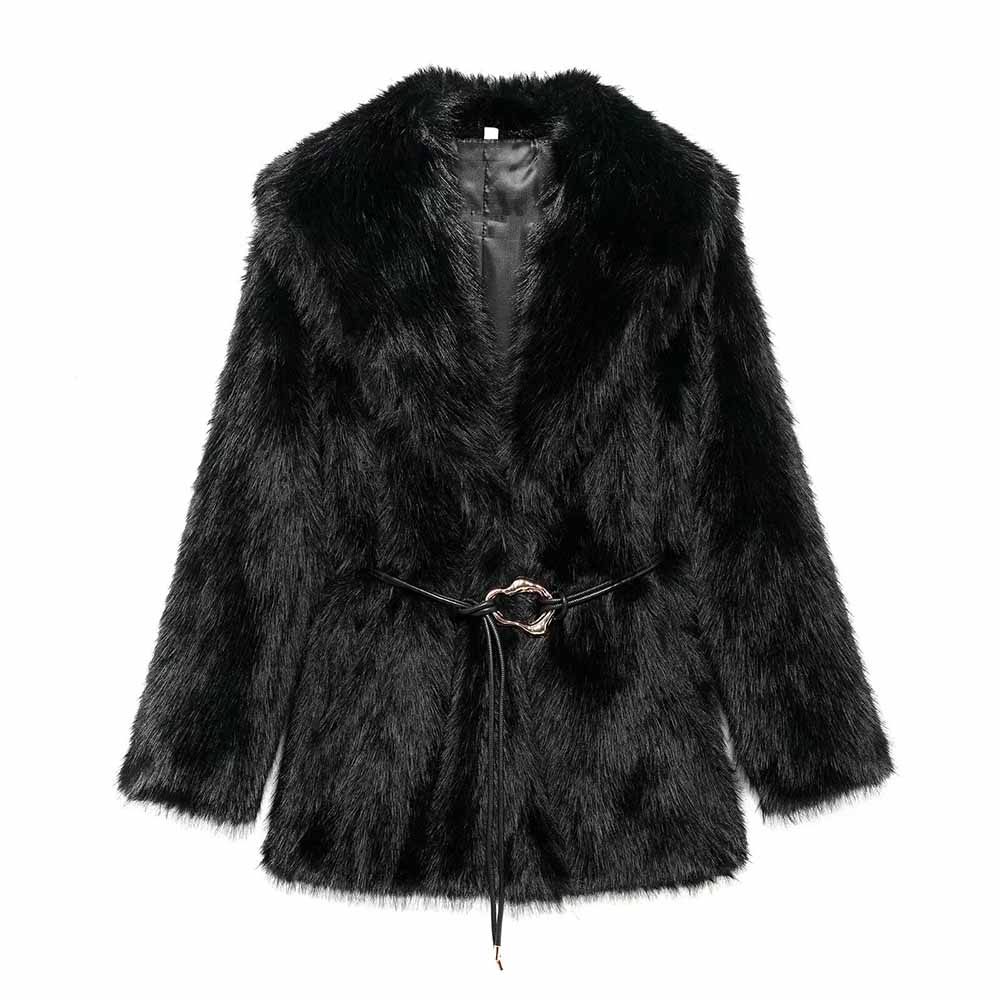 Women's Winter Fashion With Belt Loose Artificial Fur Effect Thick Warm Lapel Coat Retro Long Sleeve Women's Coat Chic Top 