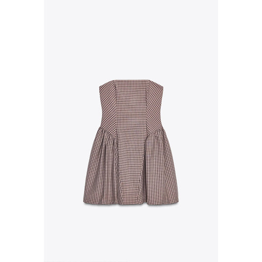 Women's new fashion pleated design plaid strapless mini dress