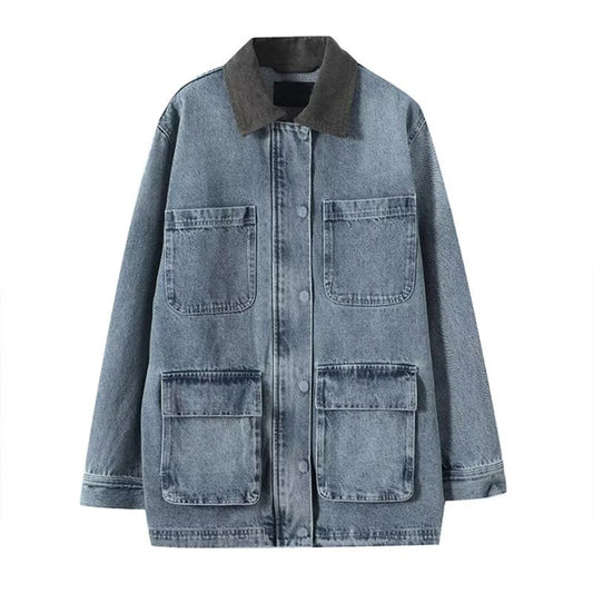 Women's multi-pocket design patchwork lapel denim Coat
