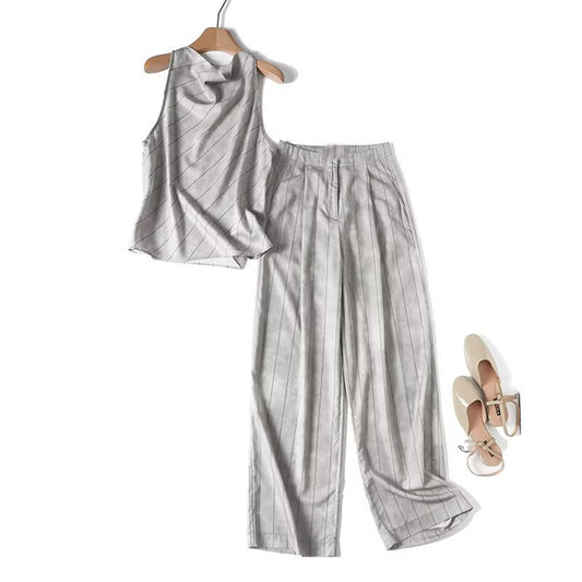 Women's new fashion swing collar striped sleeveless top+Pants suit