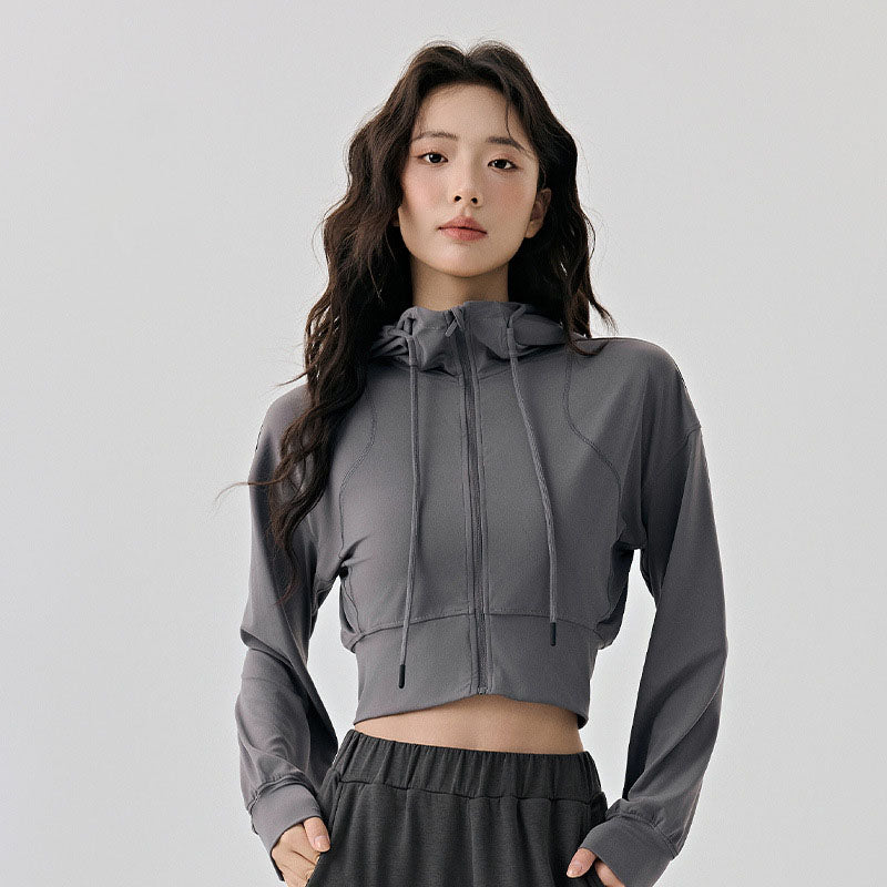 Women's short yoga coat with adjustable hat rope