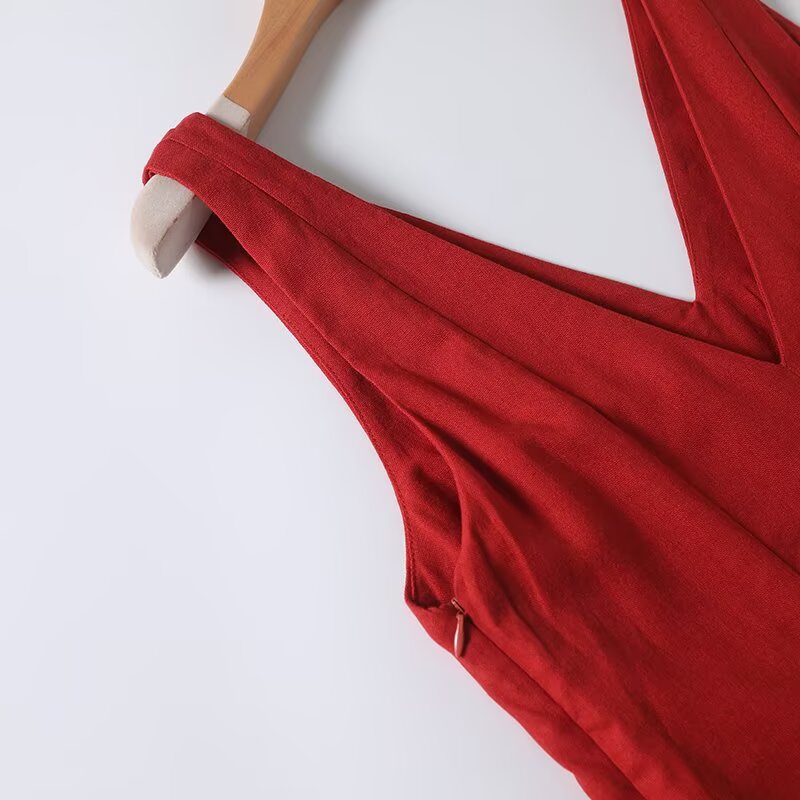 Women's New Fashion Linen Blended V-neck Wide Swing Midi Dress