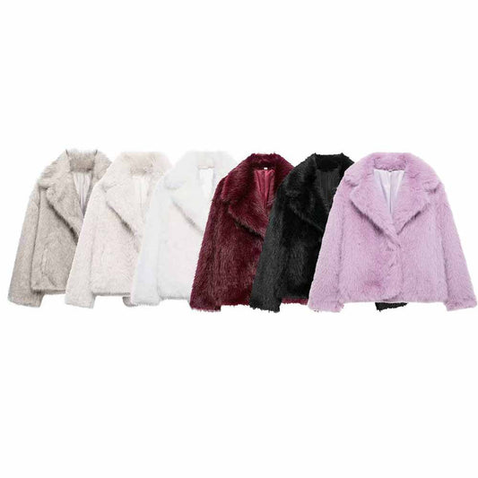 Women's winter fashion faux fur effect loose short thick warm Lapel fleece coat retro long sleeved pocket women's coat chic top