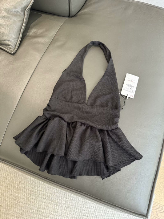 Women's chic fashion layered decoration hanging neck top