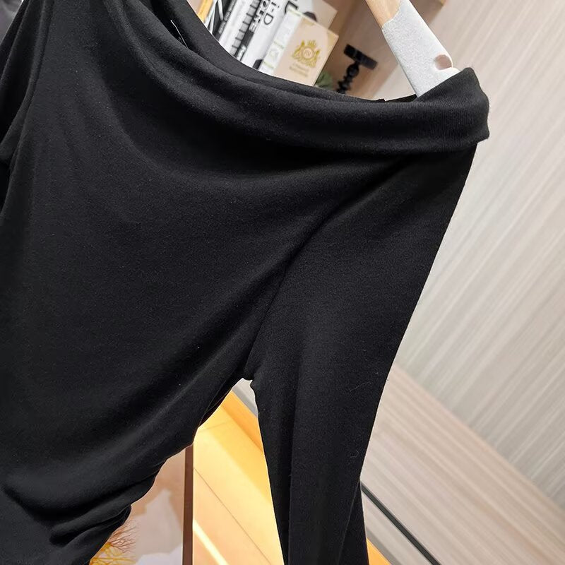 Women's new fashion slanted collar off shoulder knitted T-shirt