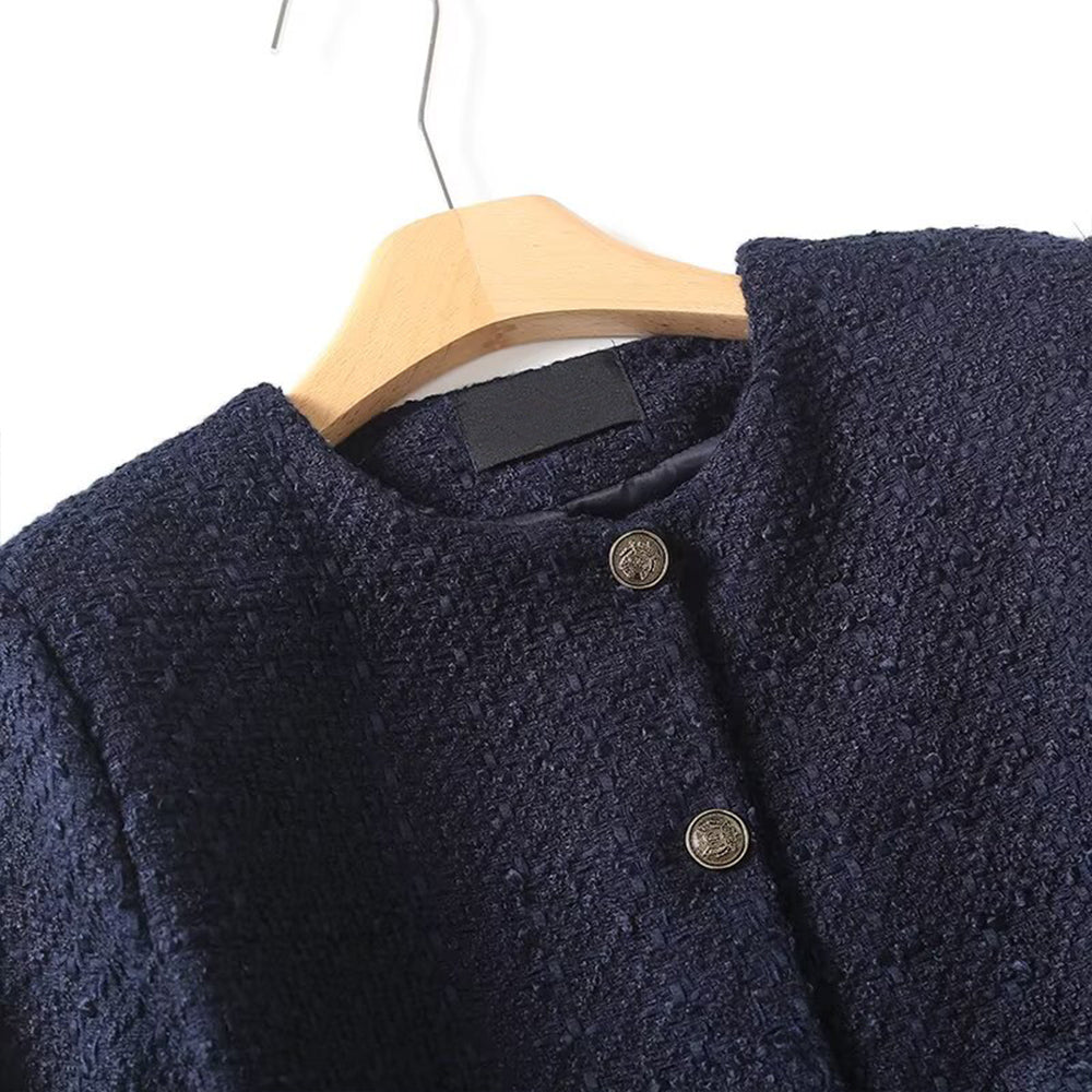 Women's gold button decoration short O Neck textured Coat