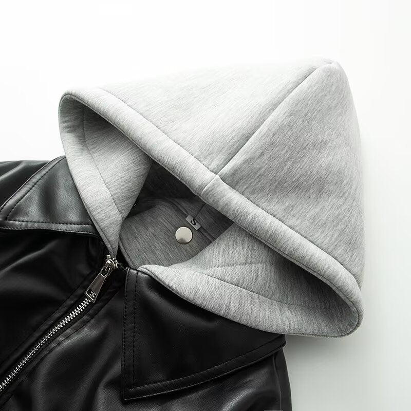 Women's patchwork hooded PU leather jacket Coat