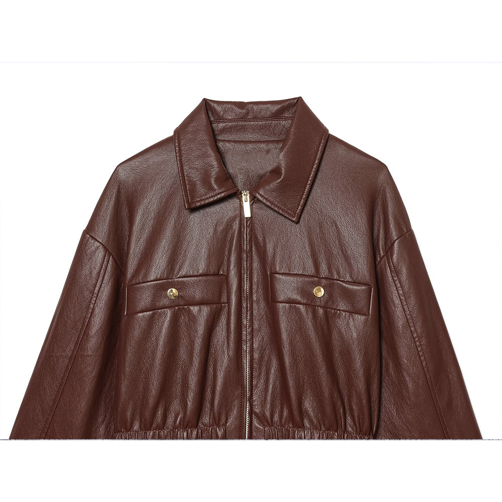 Women's elastic waist imitation leather jacket Coat