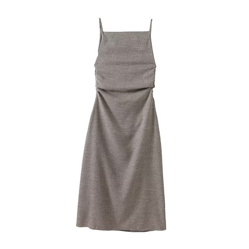 Women's new fashion pleated decoration slim suspender MIDI dress