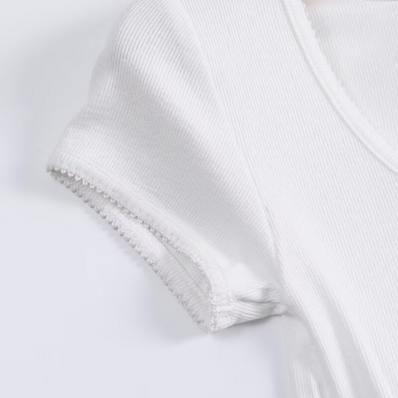 Women's new fashion lace edged O Neck short sleeved T-shirt