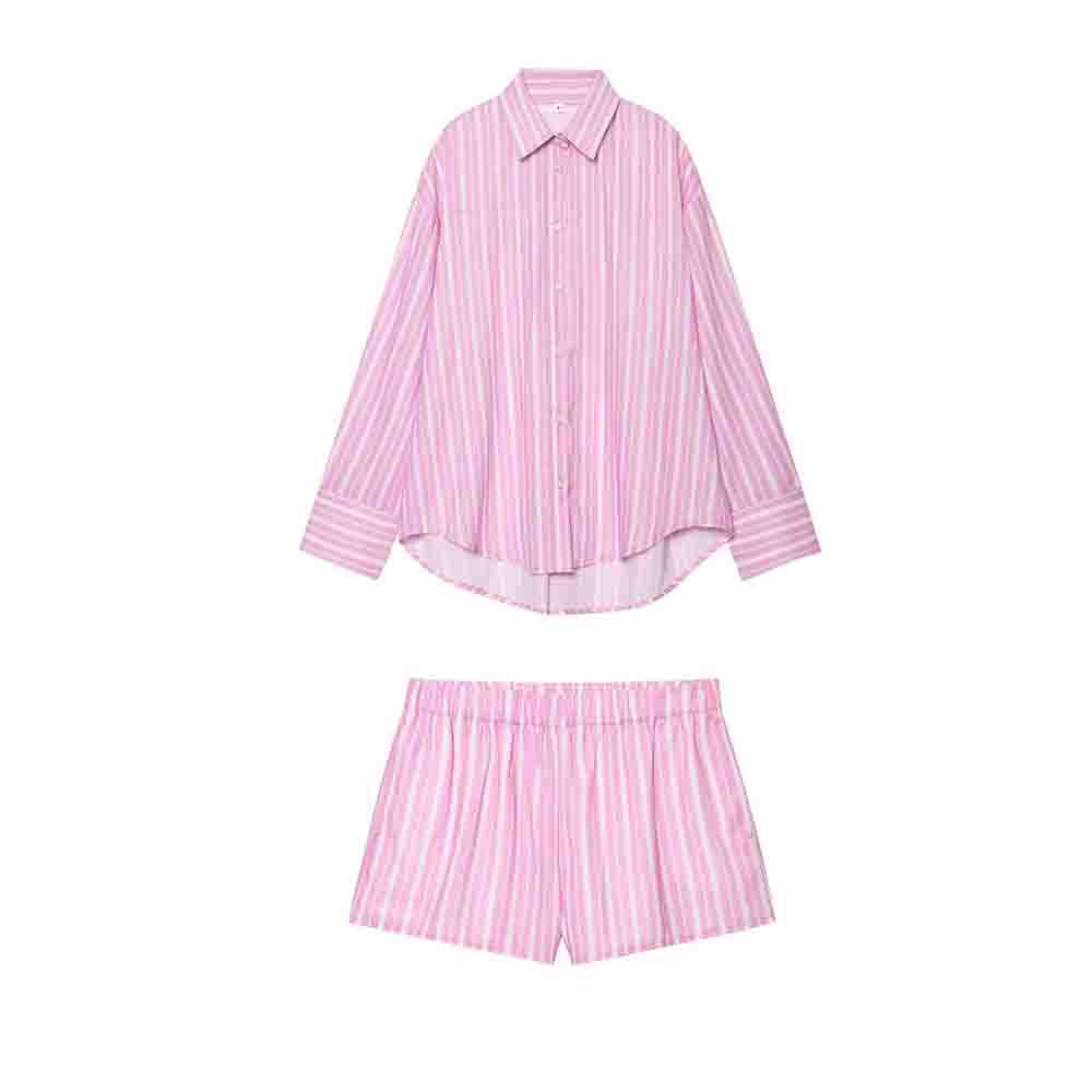 Women's new fashion loose long sleeved striped shirt+Shorts suit