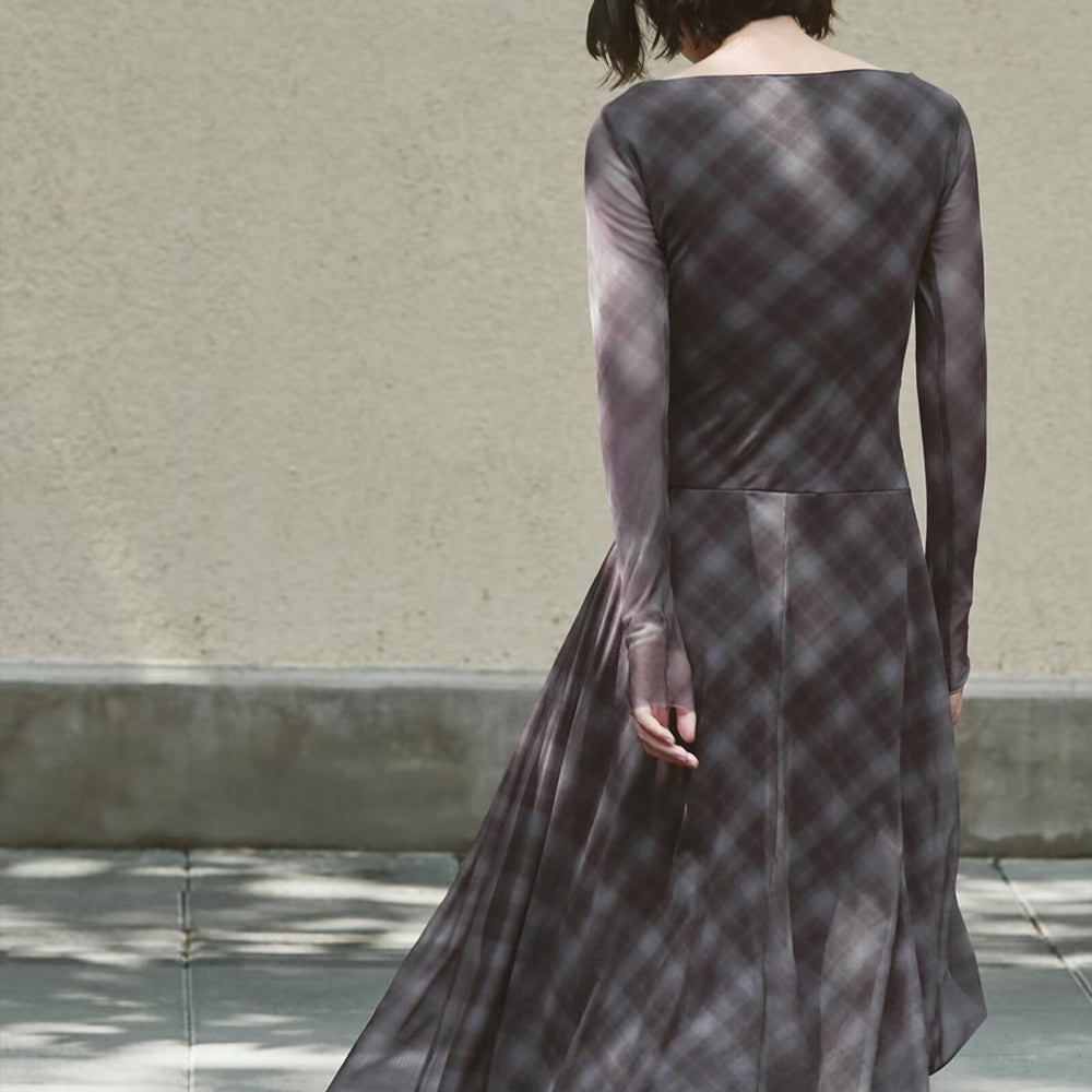 Women's 2025 New Fashion Grid tulle Asymmetric Midi Dress