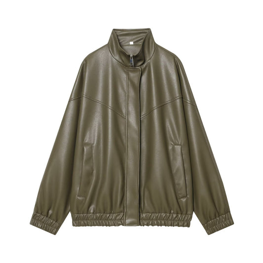 Women's standing collar faux leather pilot jacket Coat