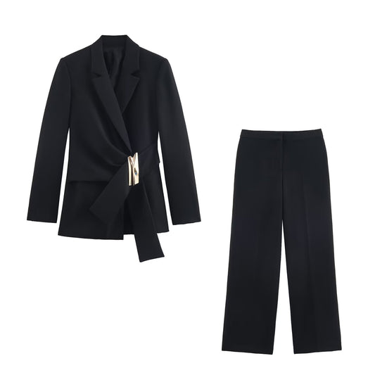 suit Women's 2 pieces Metal buckle decoration Blazer Coat +Pants