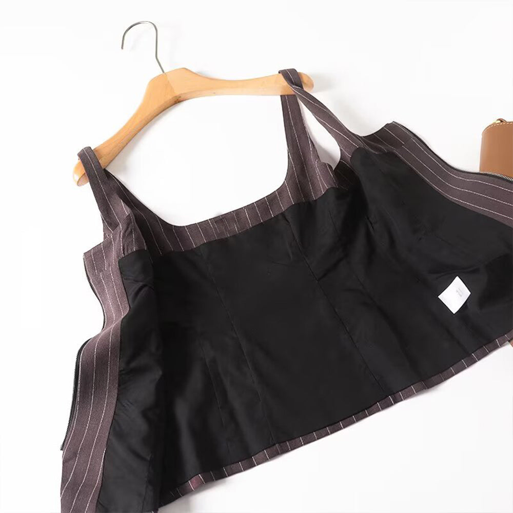 Women's new fashion slim striped zipper square neck suit vest+Pants suit