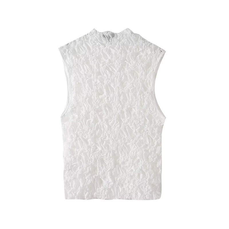 Women's new fashion embroidered pleated half high neck sleeveless T-shirt top