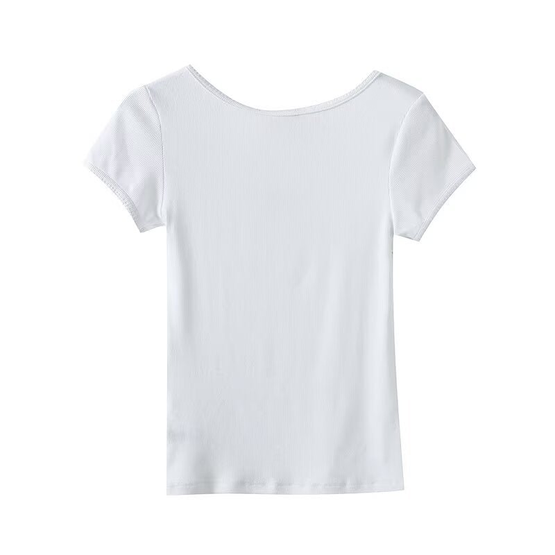 Women's new fashion lace edged O Neck short sleeved T-shirt