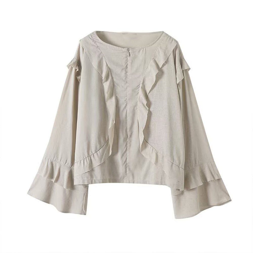 Women's new fashion ruffle edge decoration long sleeved zipper shirt
