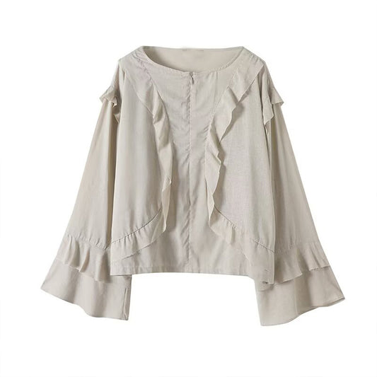 Women's new fashion ruffle edge decoration long sleeved zipper shirt
