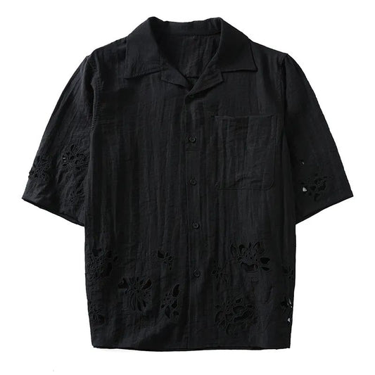 Men's New Fashion Joker Casual Openwork Embroidered Shirt Short Sleeve Loose Short Sleeve Shirt