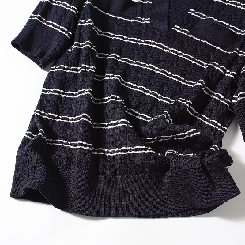 Women's New Fashion Casual Striped Mid Sleeve Knitted Top