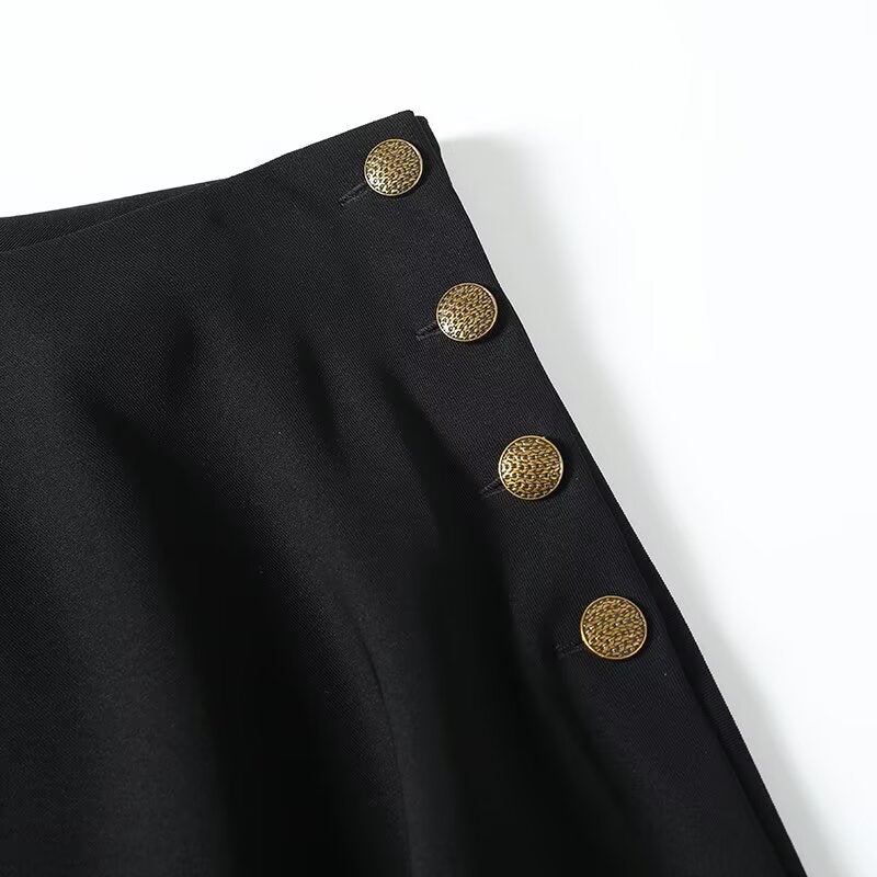 Women's buckle decoration black draped trumpet Midi skirt
