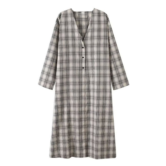 Women's new fashion casual long style V-neck plaid shirt