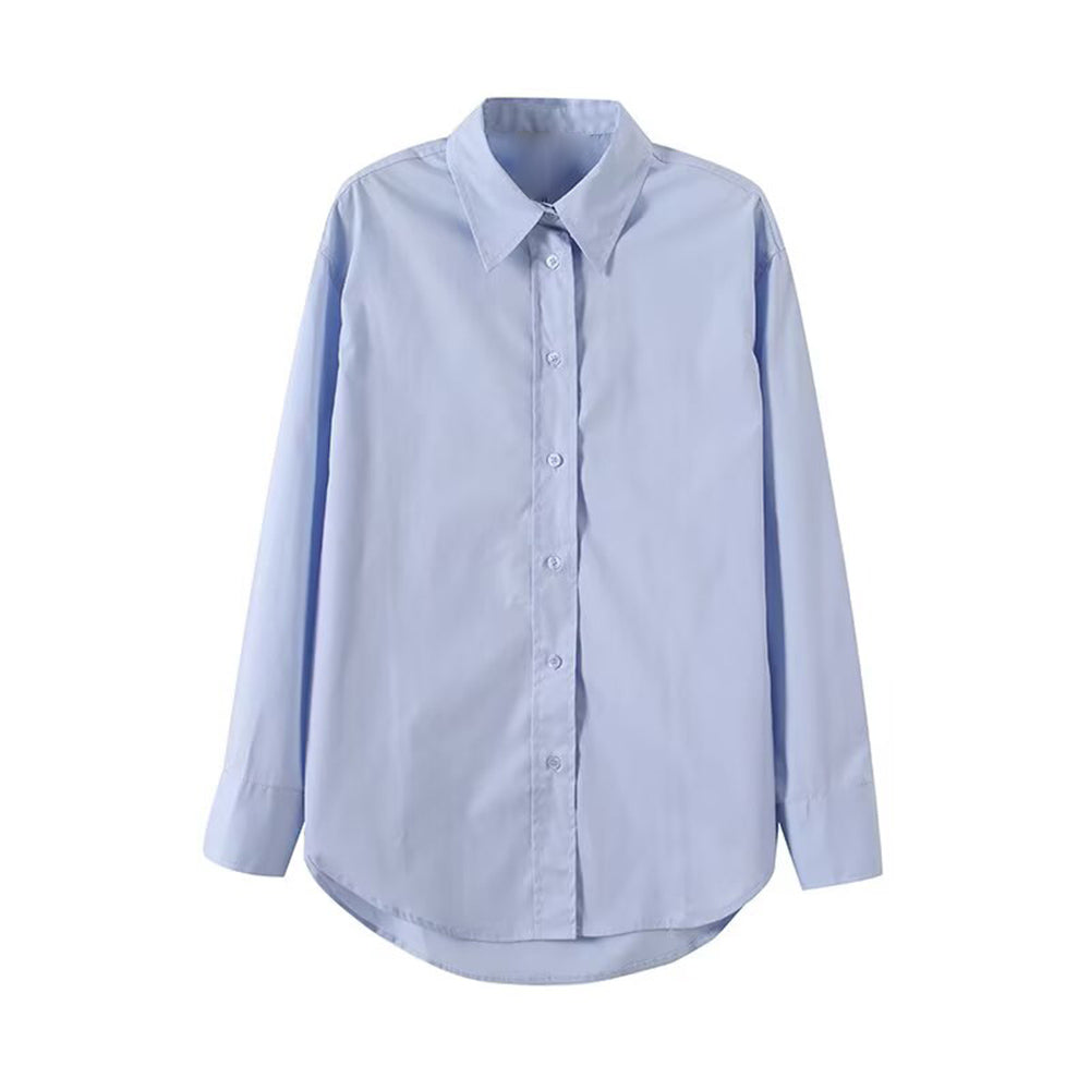 Women's new fashion loose basic style solid cotton long sleeved shirt