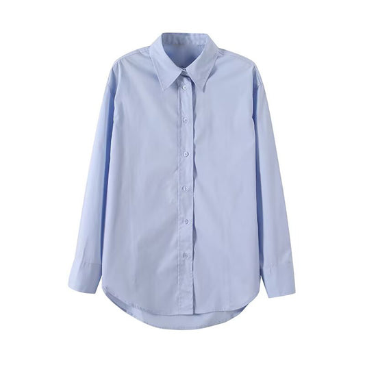 Women's new fashion loose basic style solid cotton long sleeved shirt
