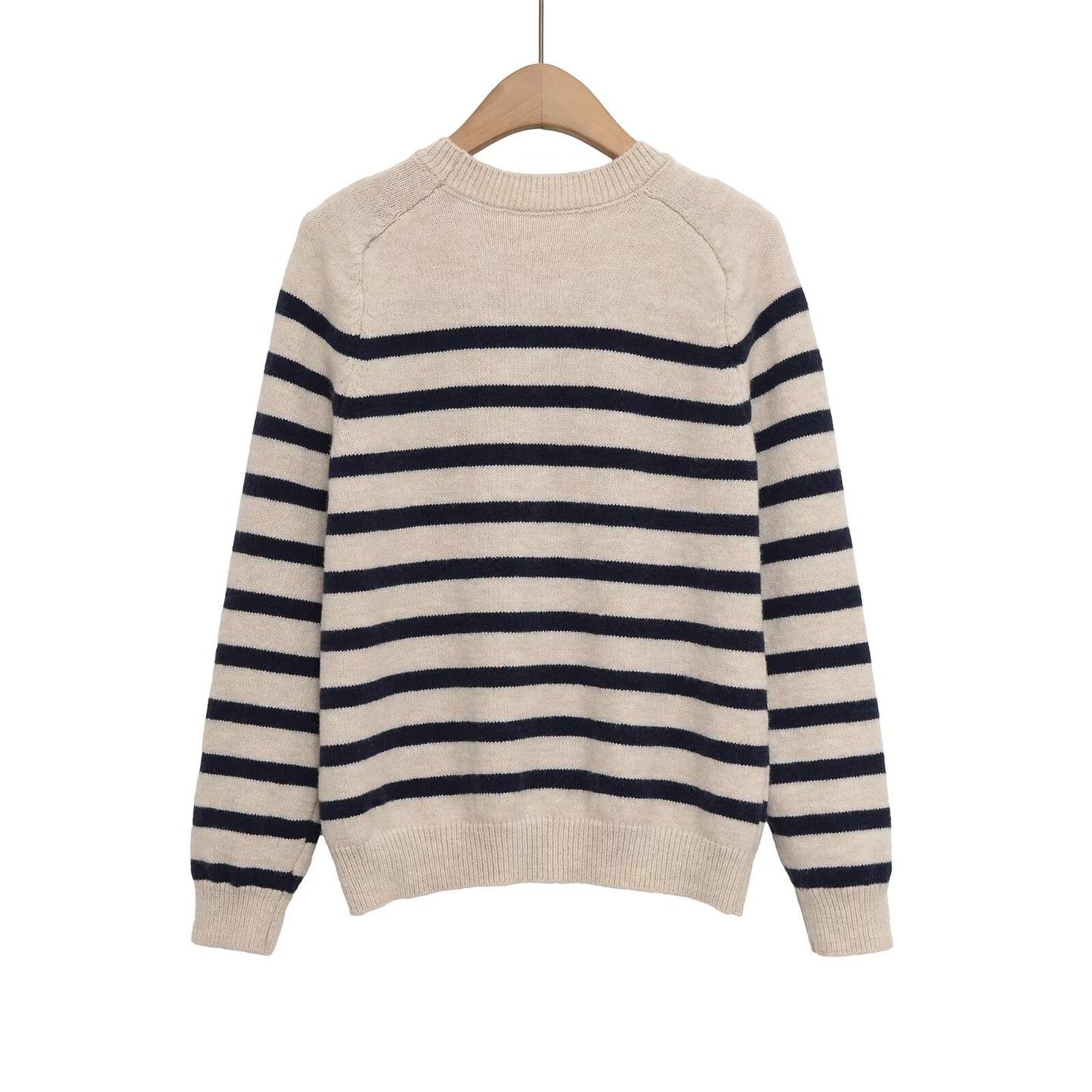 Women's O Neck long sleeved striped knitted sweater
