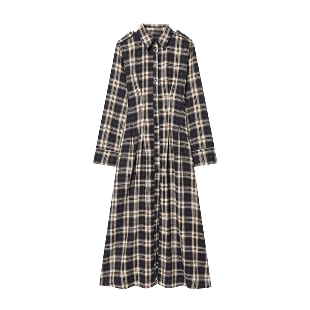 Women's casual shirt style pleated checkered MIDI dress
