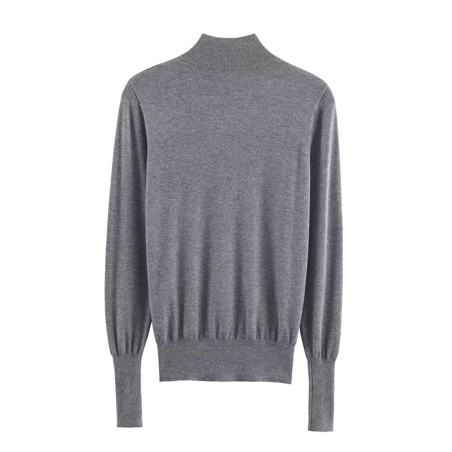 Women's buckle decoration slim stand collar knitted sweater