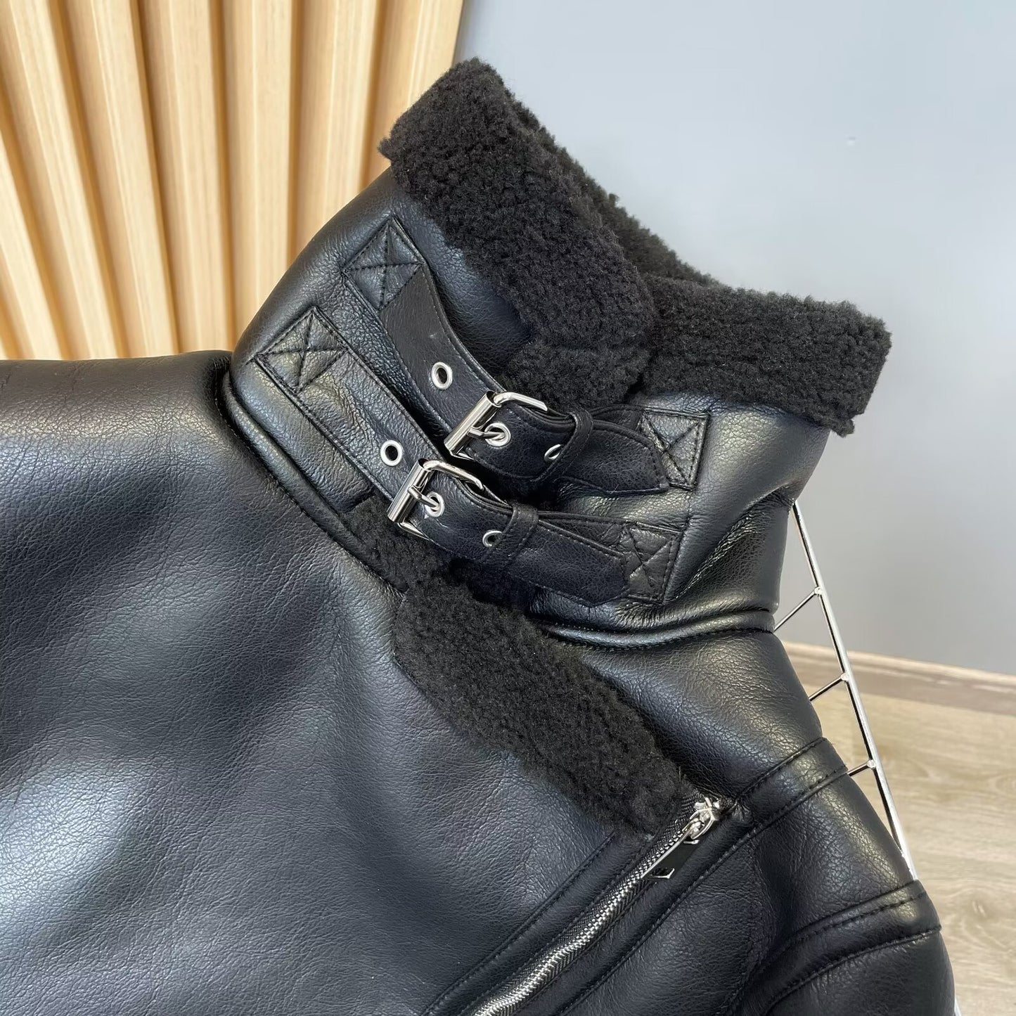 Women's black double-sided Fur Faux Leather jacket Coat