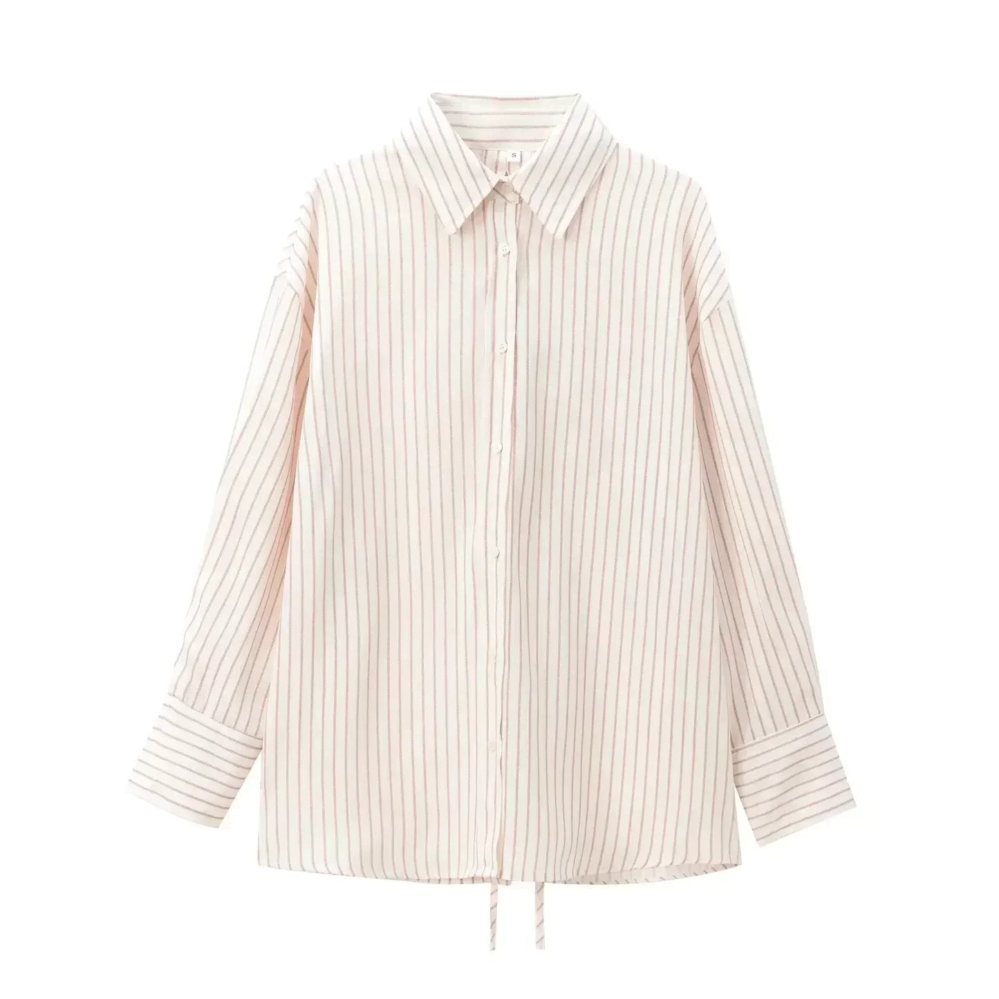 Women's 2024 new fashion back bow decoration loose striped lapel shirt retro long sleeved button up women's shirt chic top