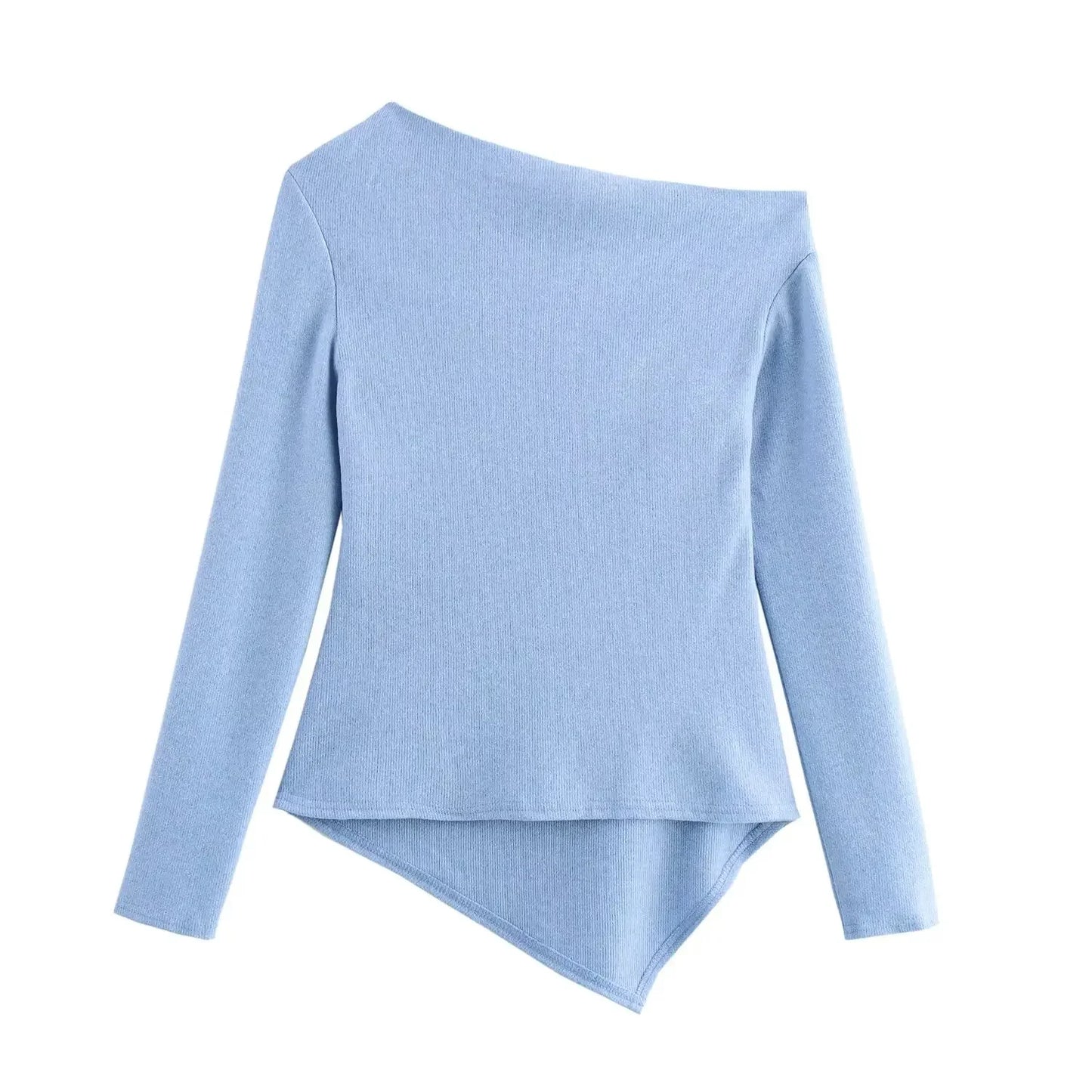 Women's new fashion pleated decoration slim soft texture asymmetric knitted top retro long sleeved women's pullover chic top