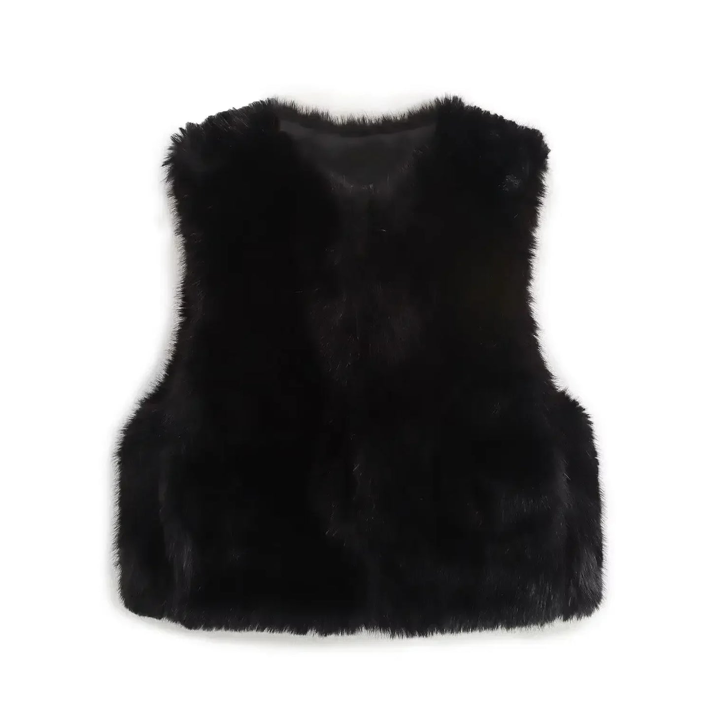 Women's 2024 new fashion faux fur effect short side pocket open vest coat retro sleeveless button up women's vest chic top