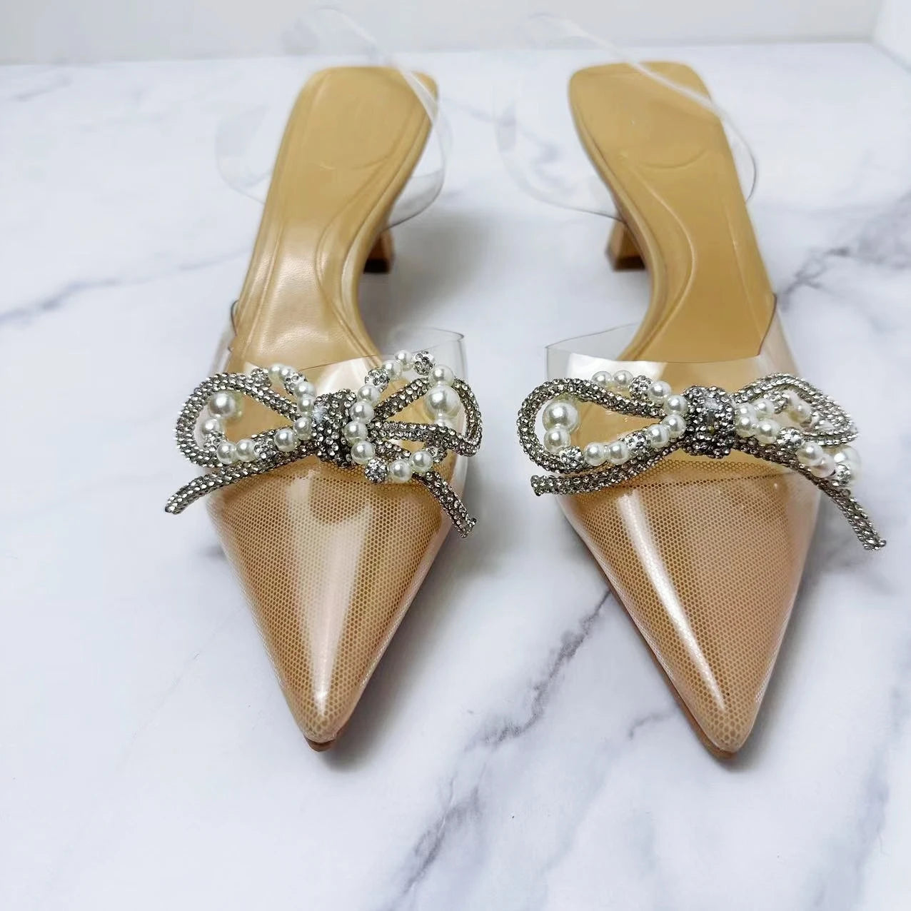 New 2024 Women's Shoes Fashion Joker Butterfly Rhinestone Ornament Open Heel Shoes Pointy Shoes High Heels Transparent Sandals.