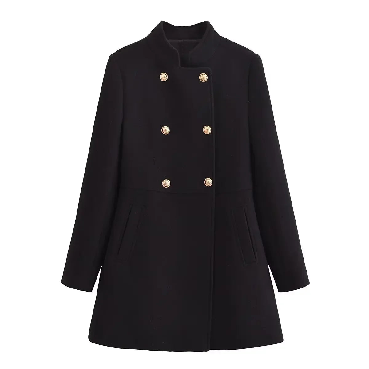 Women's new fashion gold double breasted decoration slim casual woolen coat retro long sleeved side pocket women's coat Chic top