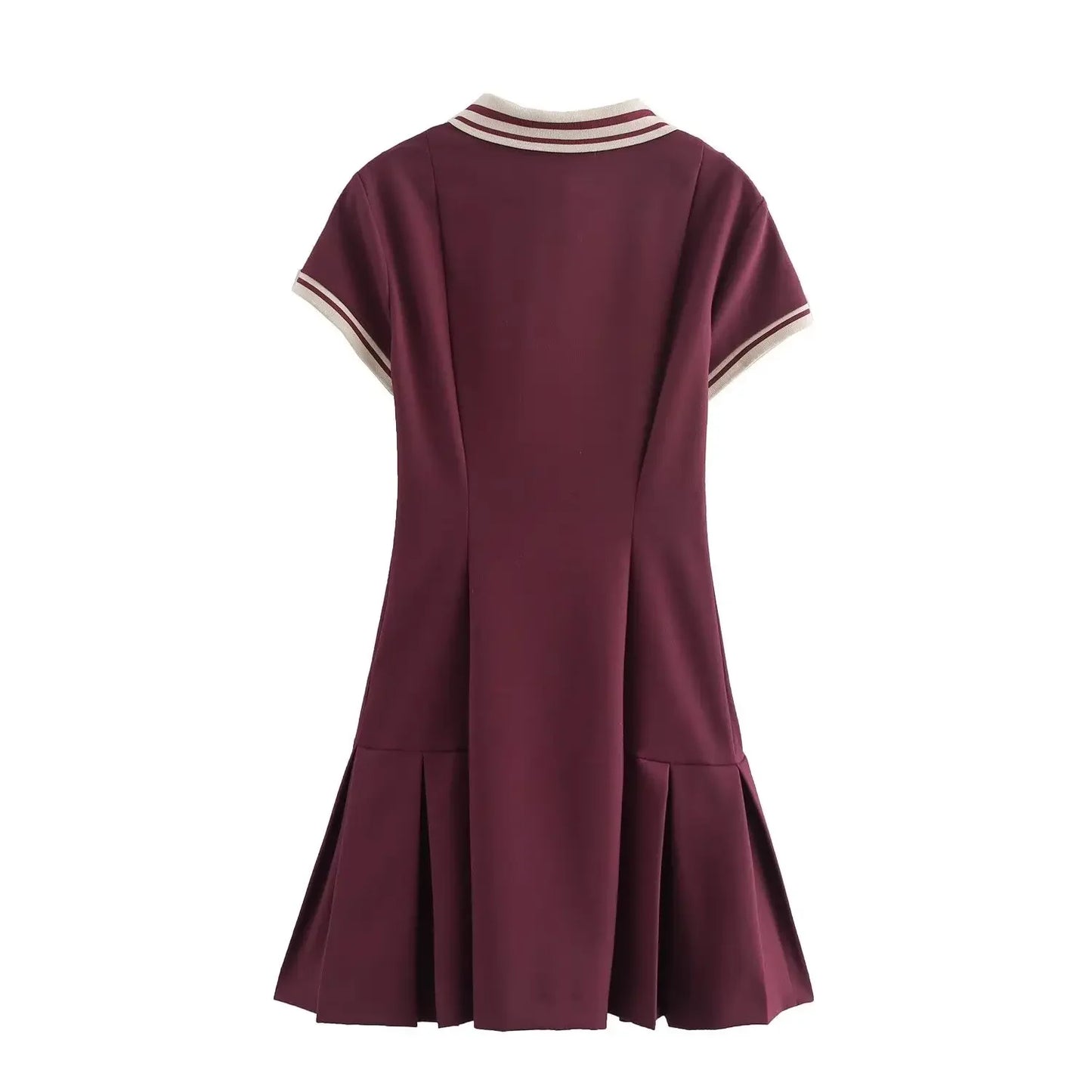 Women's new fashion wide pleated hem slim contrasting ribbed mini dress retro short sleeved button up women's dress Mujer