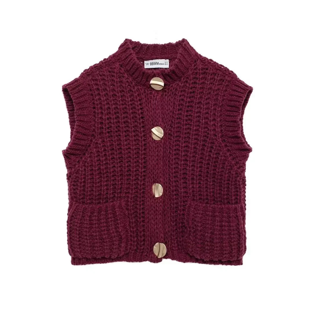 Women's new fashion gold button decoration casual short thick knitted vest retro sleeveless pocket women's vest chic top