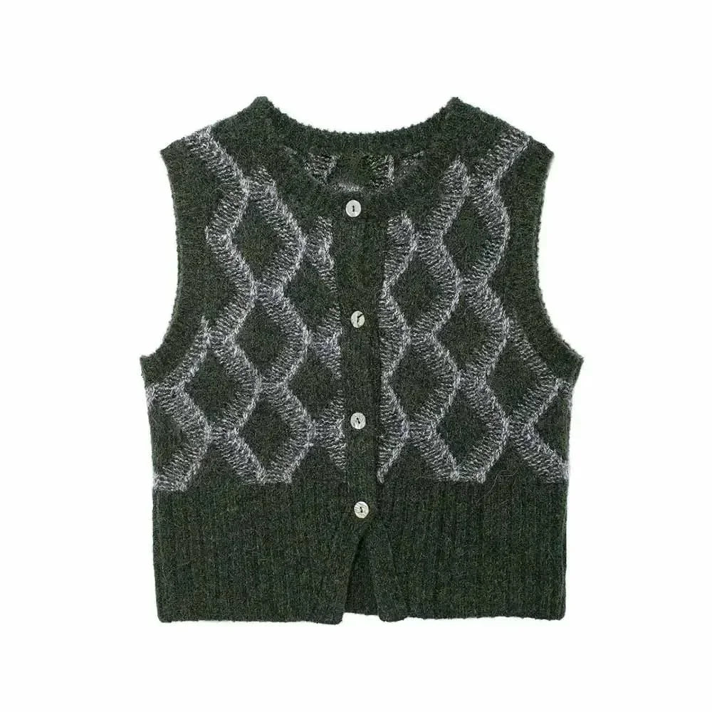 Women's 2024 New Fashion Diamond Stripe Slim Short Single breasted Knitted Vest Retro O-neck Sleeveless Women's Vest Chic Top