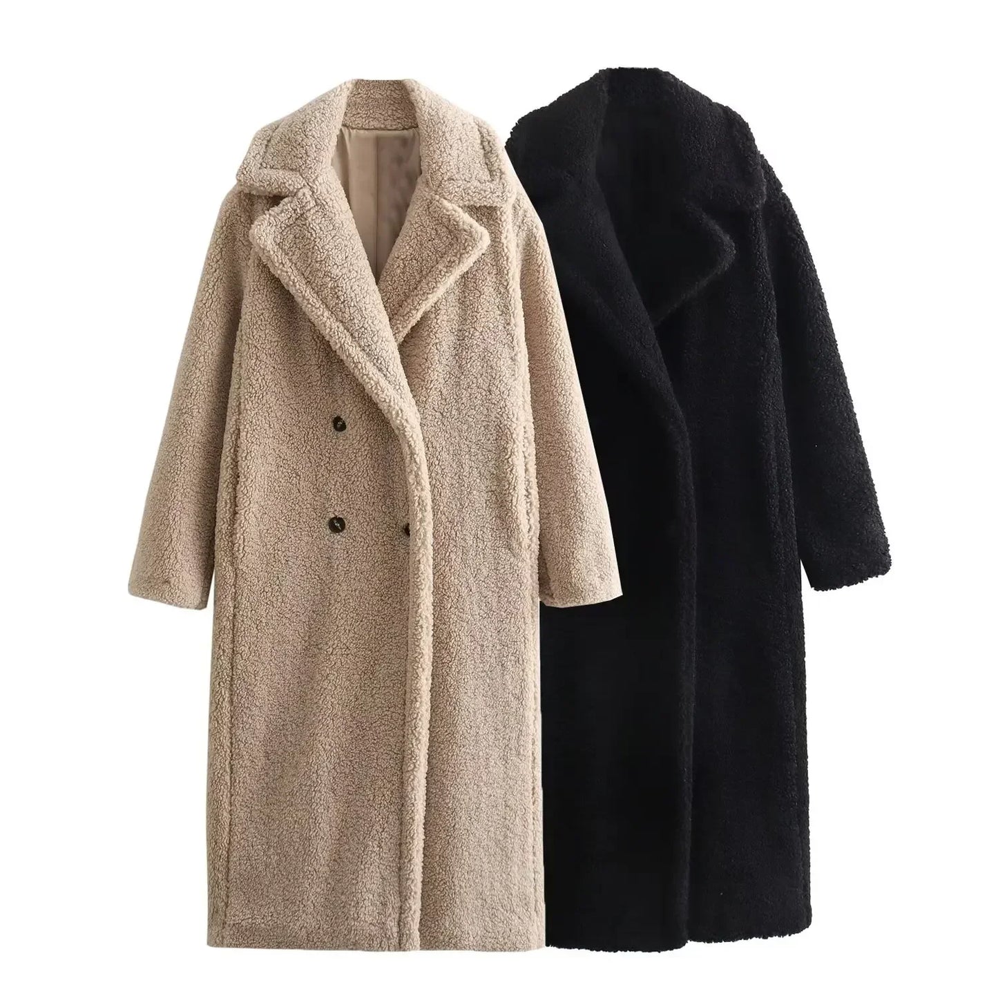 Women's new fashion loose double breasted warm long style fleece jacket coat retro long sleeved pocket women's coat chic top