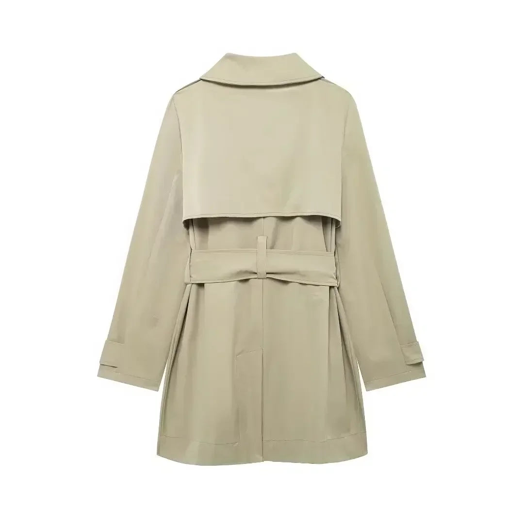 Women's new fashion belt decoration casual double breasted long sleeved trench coat retro side pocket women's coat chic top