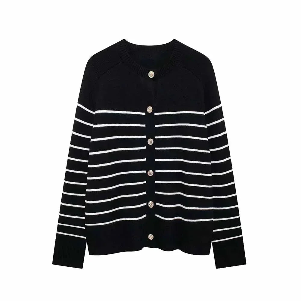 Women's new fashion loose basic style casual single breasted striped knitted cardigan retro long sleeved women's Coat Chic top 