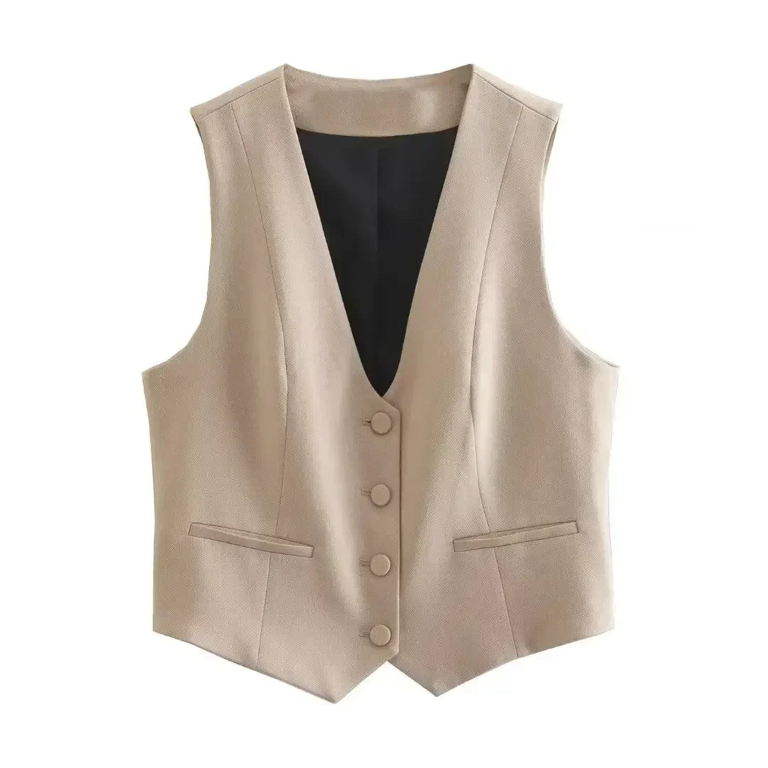 Women's new fashion pocket decoration casual short V Neck vest coat retro button up women's vest chic top+Pants suit