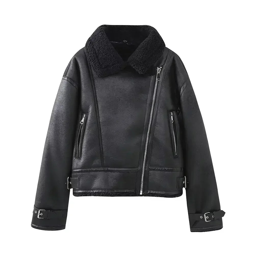 Women's New fashion With belt black double-sided Fur Faux Leather jacket retro long sleeved Zipper pocket women's Coat chic top