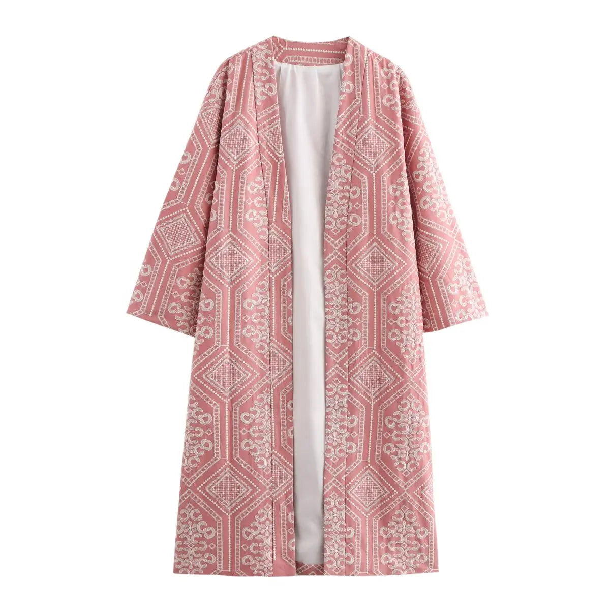 Women's new Fashion embroidered vacation style loose kimono style open coat retro long sleeved side pocket women's coat chic top