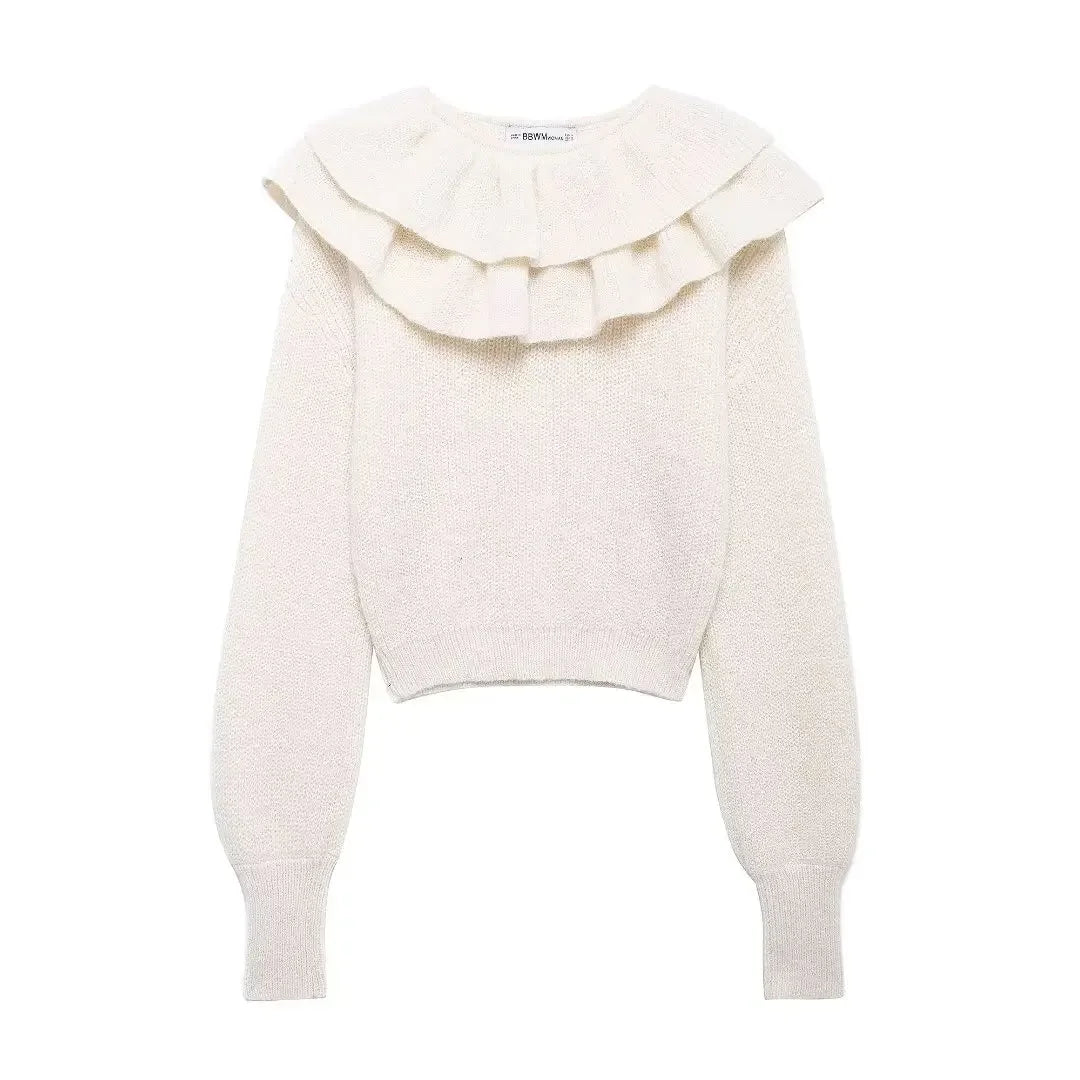 Women's new fashion layered decoration collar design short O-Neck knitted sweater retro long sleeved women's pullover chic top 