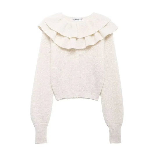 Women's new fashion layered decoration collar design short O-Neck knitted sweater retro long sleeved women's pullover chic top 