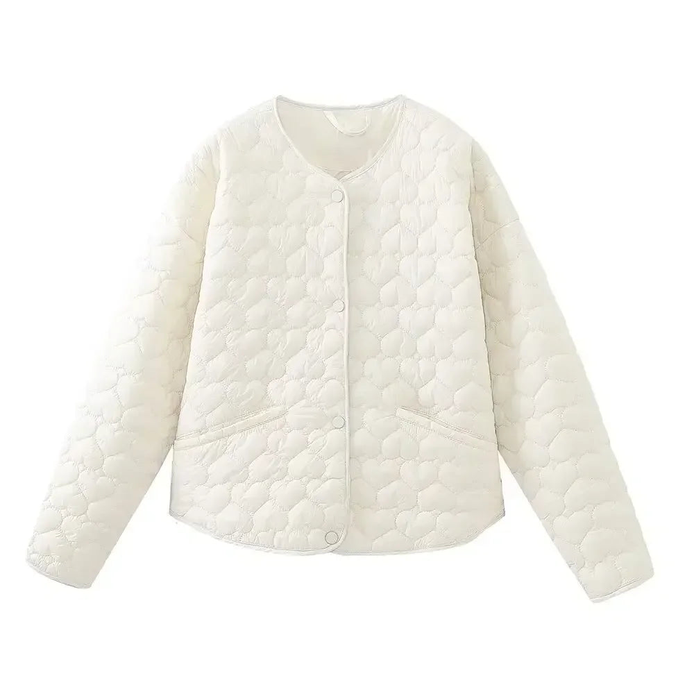 Women's New Fashion Heart Shaped Quilted Line Decoration Short Cotton Jacket Retro Long Sleeve Button up Women's Coat Chic Top